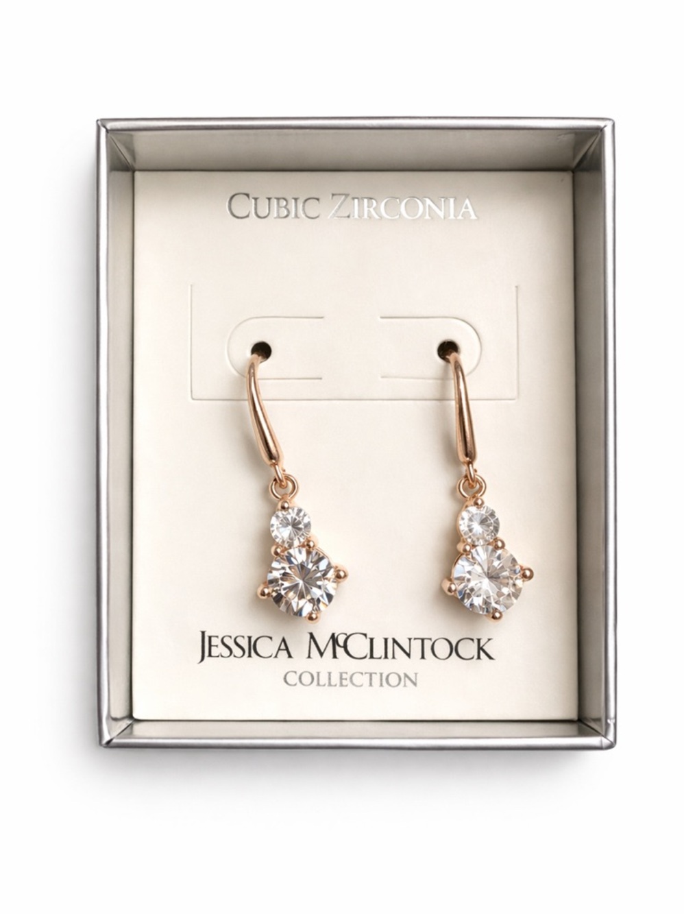 Jessica McClintock Rose Gold-Tone Cubic Zirconia Drop Earrings, Brand New in Box